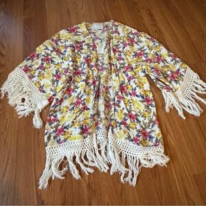 Trafaluc Zara Floral Fringe Tassel Kimono Size M Boho Indie Festival